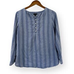 Talbots Embroidered Blue White Floral Stripe Roll Tab Sleeve Popover Top Size S